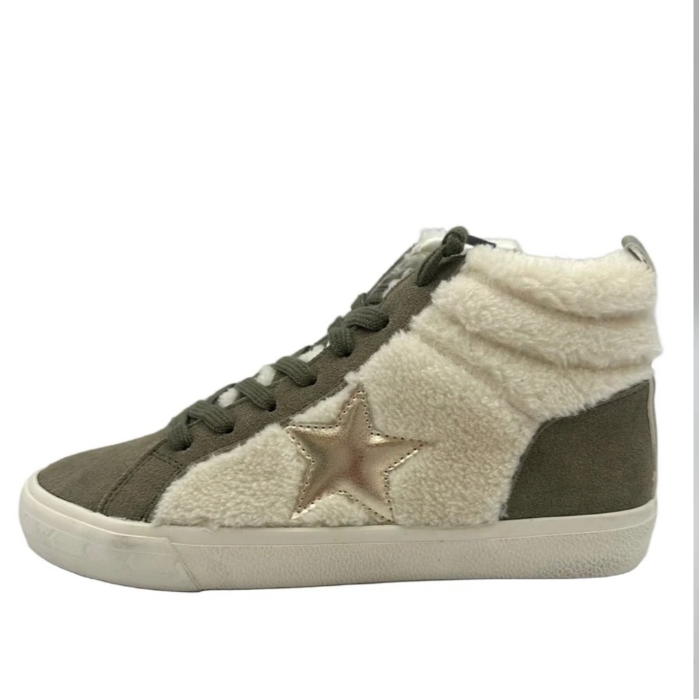 NEW Womens Olive Green Faux Shearling High-Top Sneaker with Star Accent